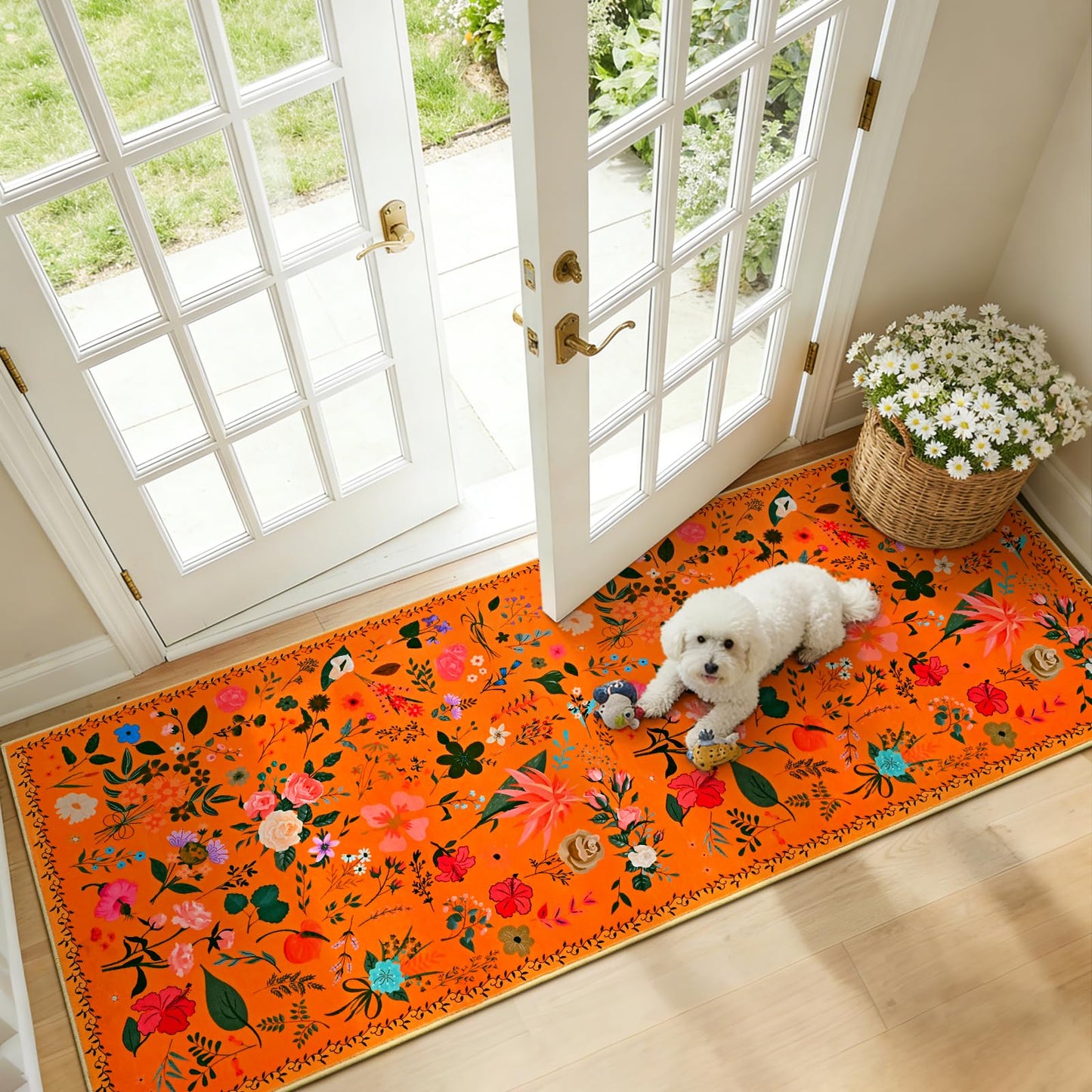 ISEAU Floral Kitchen Rugs 2x6, Washable Boho Flower Area Rug, Non-Slip Low-Pile Carpet with TPE Backing for Bedroom, Kid Friendly Flower Rug for Hallway Nursery Runner Laundry Dining Room, Orange