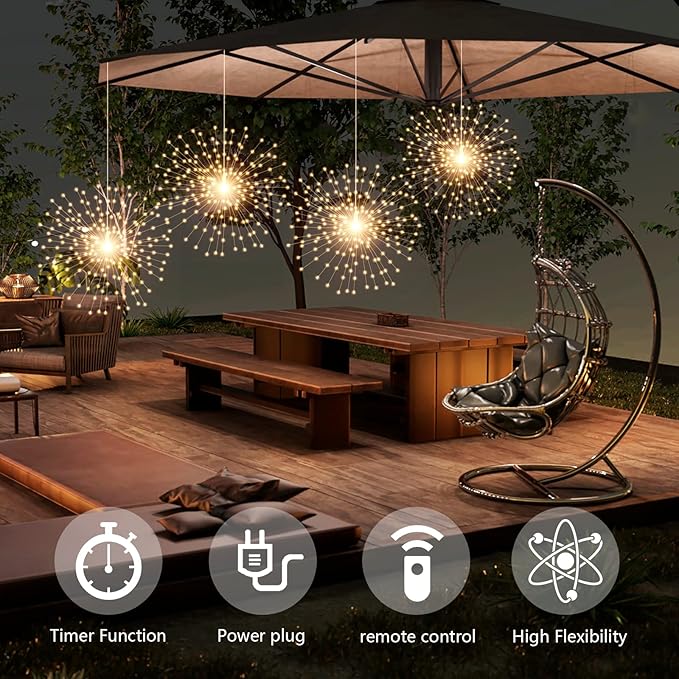 4 Pack 800 LED Plug in Starburst Sphere Lights,Firework Light 8 Modes Dimmable Remote Control,Waterproof Copper Wire Hanging Fairy Lights for Patio Parties Tent Christmas (Warm White)