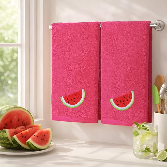 2 Pcs Watermelon Hand Towels Bright Pink Bathroom Decor 14x29 Inch Embroidered
