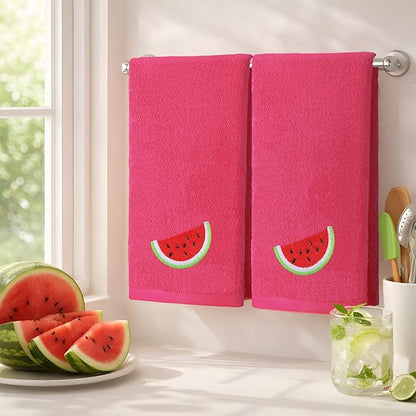2 Pcs Watermelon Hand Towels Bright Pink Bathroom Decor 14x29 Inch Embroidered