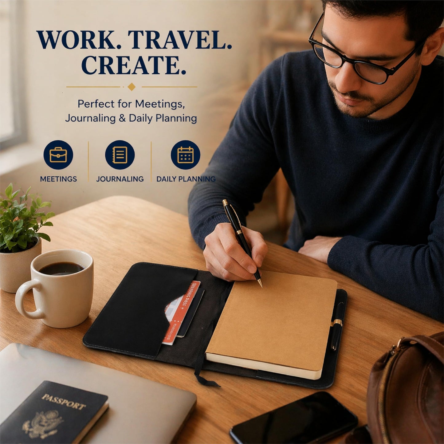TheAntiq Premium Leather Journal Cover A5 – Handmade Refillable Notebook Cover Sleeve with Pen Holder for Writing, Travel & Business Use 5.75 x 8.25 (Black)