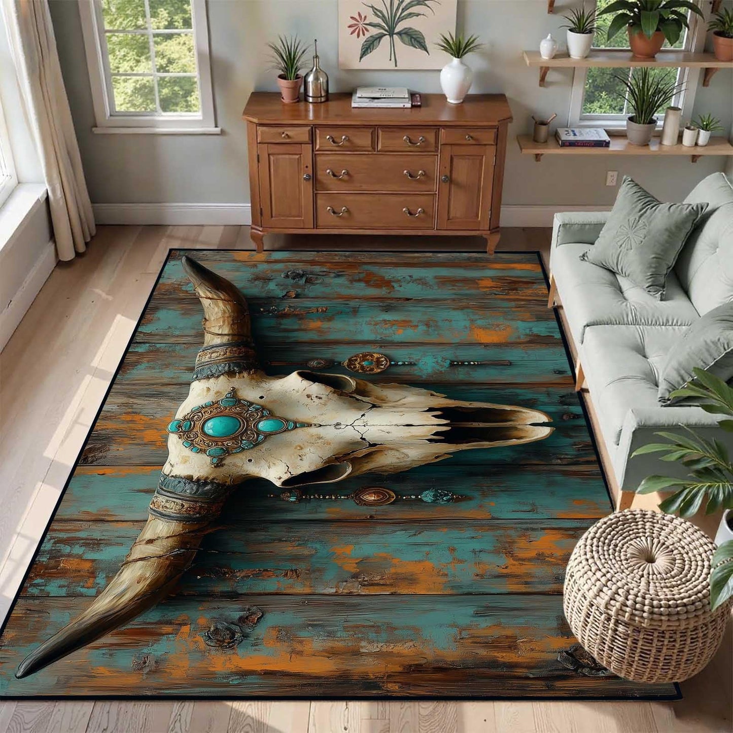 Southwestern Cow Skull Area Rug, Western Aztec Bull Skull Rug, Aztec Tribal Rugs, Native American Rugs, Moroccan Navajo Tribal Carpet for Living Room Bedroom (5' x 7'(Rectangular))