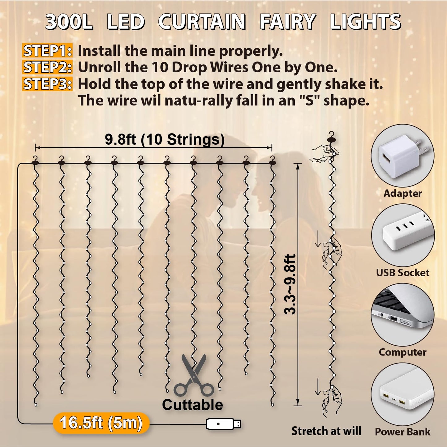 HXWEIYE 300LED Fairy Curtain Lights, 9.8x9.8Ft USB Plug-in 8 Modes Christmas String Hanging Lights with Remote for Bedroom Backdrop Wedding Indoor Wall Decor, Warm White, Standard – 2 Pack