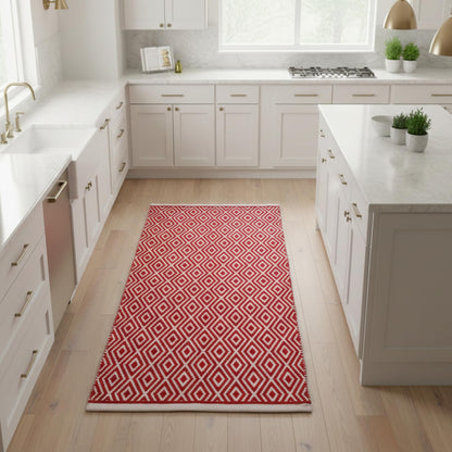 Chenille Cotton Diamond Runner Rug 2x5 Feet - Red, Reversible Washable Soft Floor Runners Ideal for Kitchen, Hallway, Bedroom, Bathroom | Farmhouse Boho Indoor Use Rugs for Patio Décor