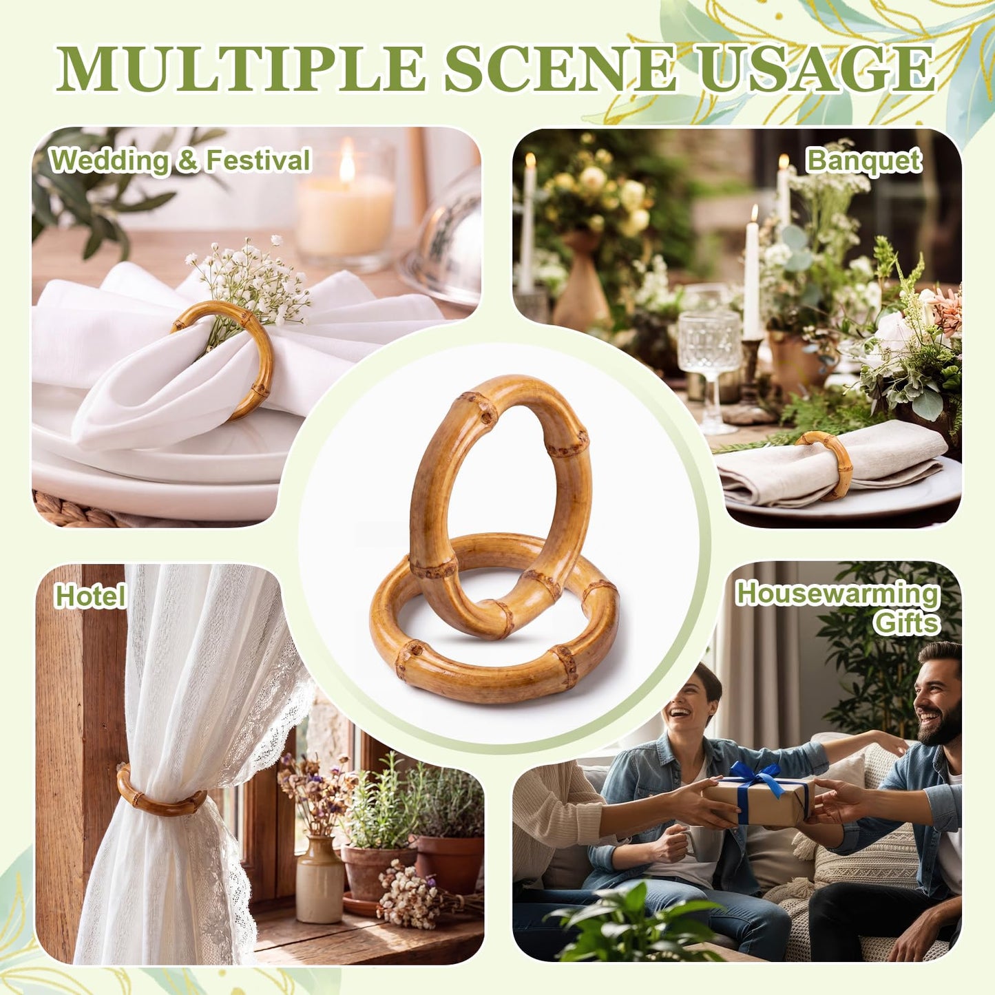 Thenshop 50 Pcs Decorative Bamboo Napkin Rings Bulk Exquisite Round Dining Table Napkin Holder Buckles for Elegant Dining Wedding Harvest Holiday Party Home Gift Mini Hanging Rings
