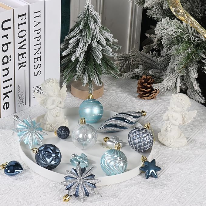 82Pcs Blue and Silver Christmas Ornaments Set,Shatterproof Christmas Decorations for Tree Assorted Plastic Craft Baubles Snowflake Ball Ornaments for Holiday Xmas Party Decor (Blue & Silver)