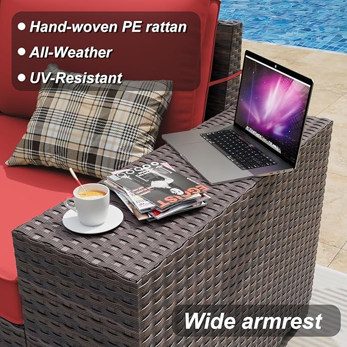 ALAULM 10 Pieces Patio Furniture Set with 2 Swivel Chairs Patio Furniture Outdoor Sectional Sofas with 55000 Gas Fire Pit Patio Conversation Set w/7 Cushions-Red