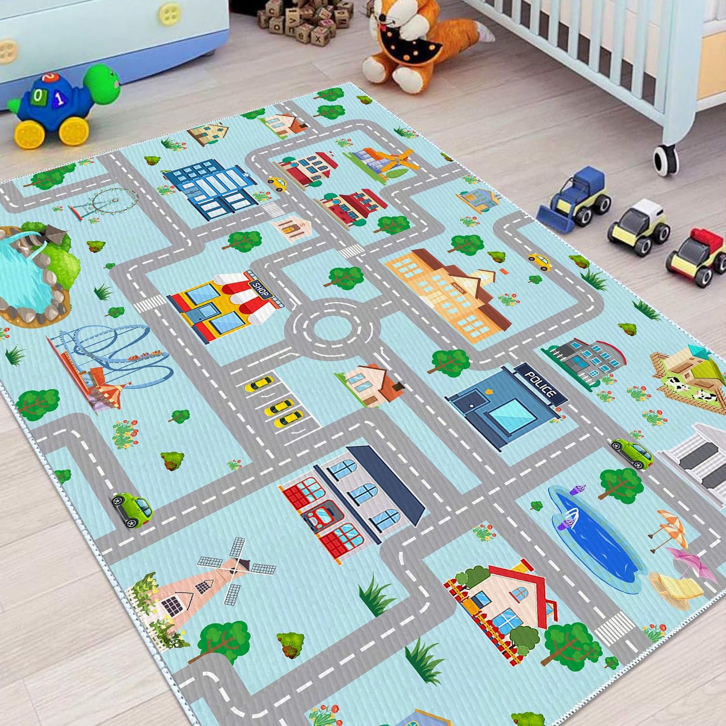 DoRlPIeY Kids Car Rug, 2' 7" x 4' City Life Road Traffic Game Carpet for Race Cars & Toys, Fun Non-Slip Race Track Educational Floor Area Playmat for Toddler Boys Bedroom Playroom Classroom Blue