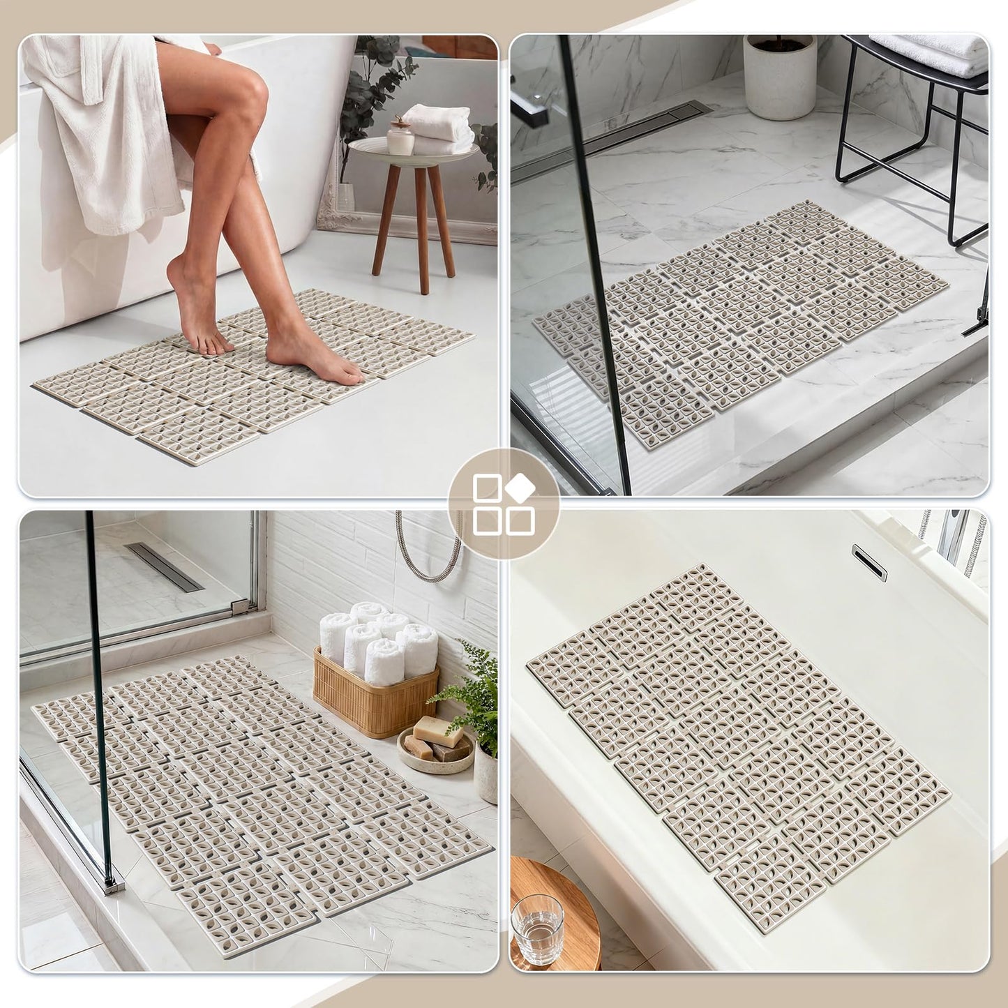 Shower Mat, Bathtub Mat Non Slip 16"x 26" Soft TPE Bath Mat for Kids, Machine Washable Inside Bathroom Shower Mat Bath Mat with Drain Holes & Strong Suction Cups, Soft on Feet (Browm)