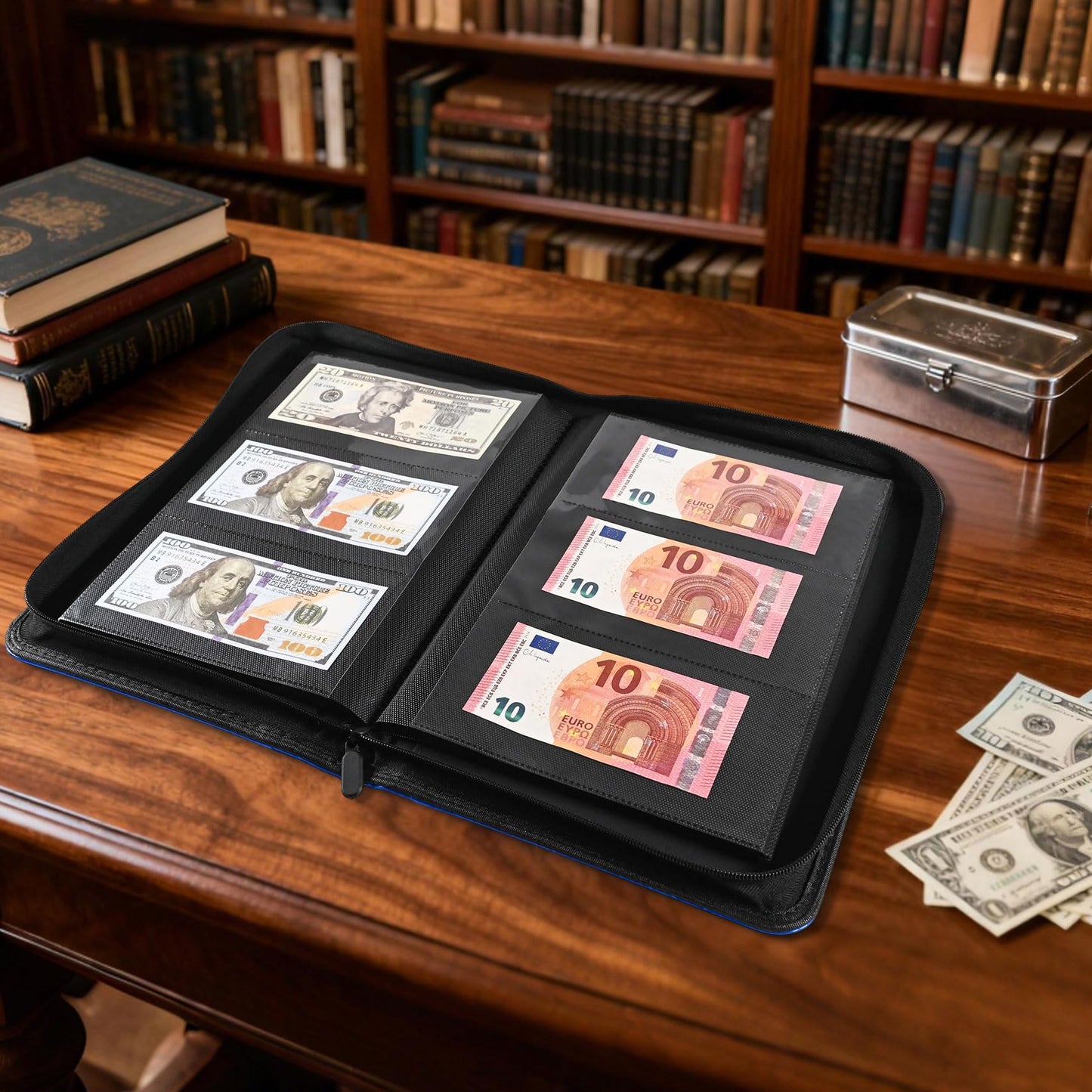 Cash Album with 180 Pockets – WITHYU Ringless Banknote Collection Album with Clear Non-PVC Sleeves for Storing Banknotes, Bills, Tickets, and Collectibles (Deep Blue)