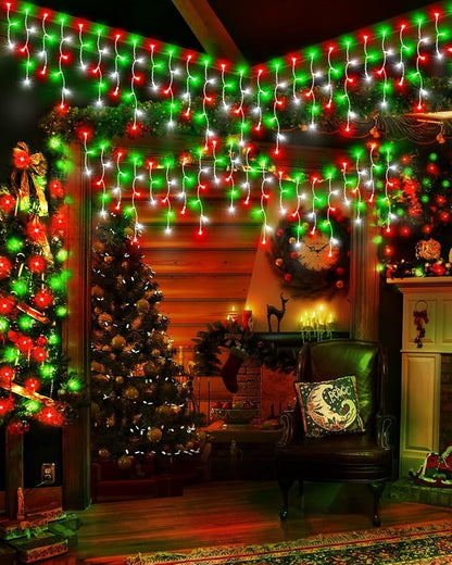 159 FT Christmas Lights Outdoor, 1458 LED Waterproof Outside Christmas Lights Plug in, Timer & Memory, 8 Modes Fairy Lights with 324 Drops for House Eaves Yard Patio Red Green and Cool White