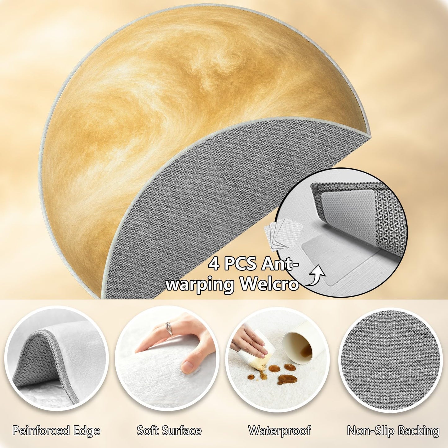 Venus Astronomy Round Carpet 3Ft, Golden Planet Solar System Circle Area Rug, Washable Non Slip Low Pile Space Floor Mat for Bedroom Living Room Dining Room Home Office Decor