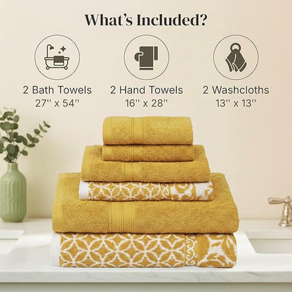 Modern Threads Trefoil Filigree 6-Piece 100% Cotton Towel Set – Reversible Yarn
