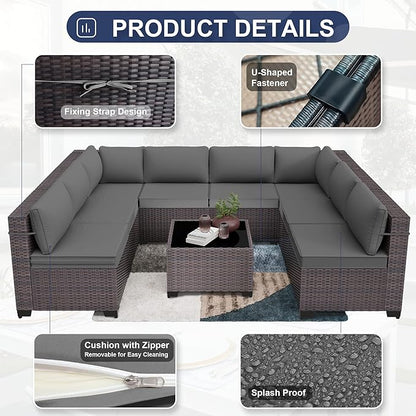 Kurapika 9 Pieces Patio Furniture Set, Rattan Wicker Outdoor Conversation Sets w/4 Inch Cushion and Glass Coffee Table(Grey)