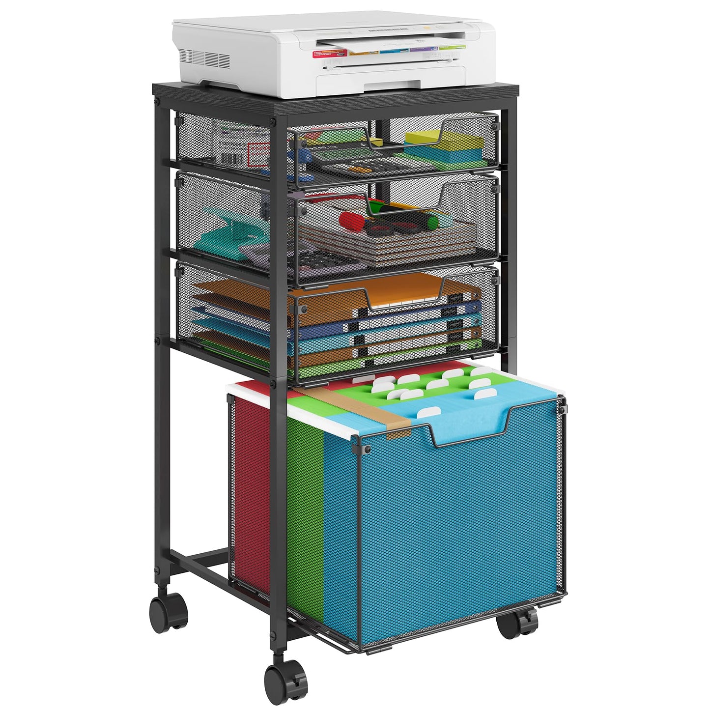 Sbanmao Rolling File Cart with 4 Storage Drawers, Mobile File Cabinet with Wheels, Hanging File Organizer, Under Desk Printer Stand Utility Cart Filing Cabinet for Home Office, Black