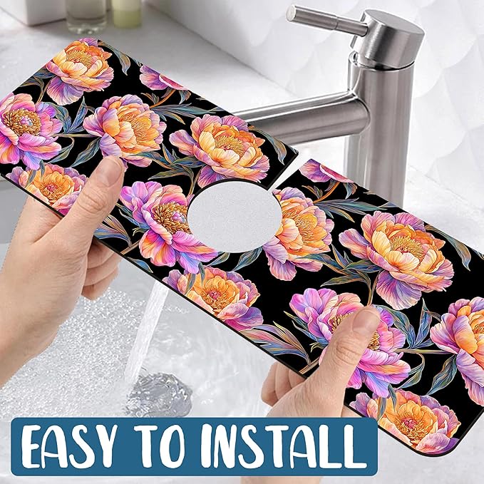 Colorful Peonies Sink Splash Guard Blooming Peonies Faucet Absorbing Mat Fast