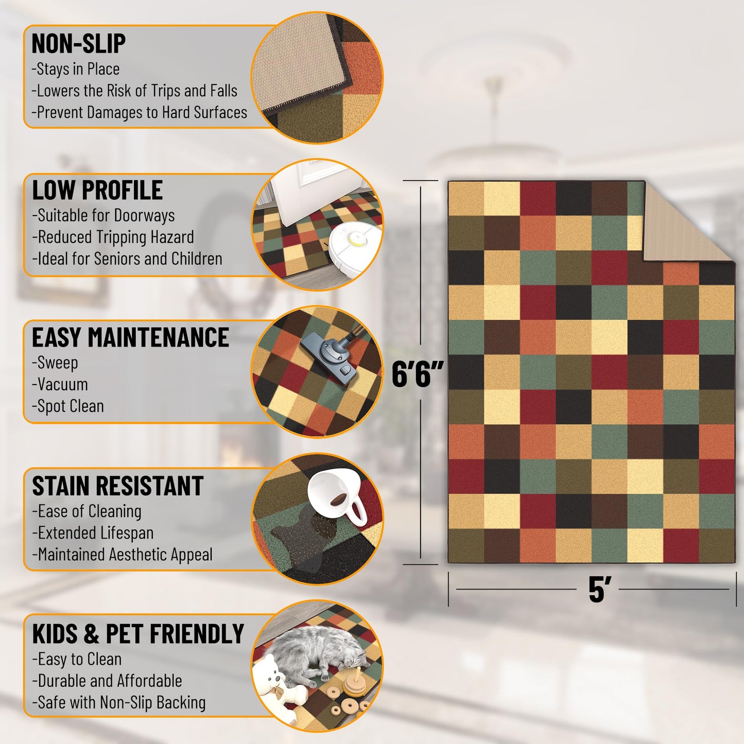 Ottomanson Living Room Area Rug – Non Slip Low Pile Carpet for Bedroom, Office & Family Room, 5' x 6'6", Checkered Multicolor