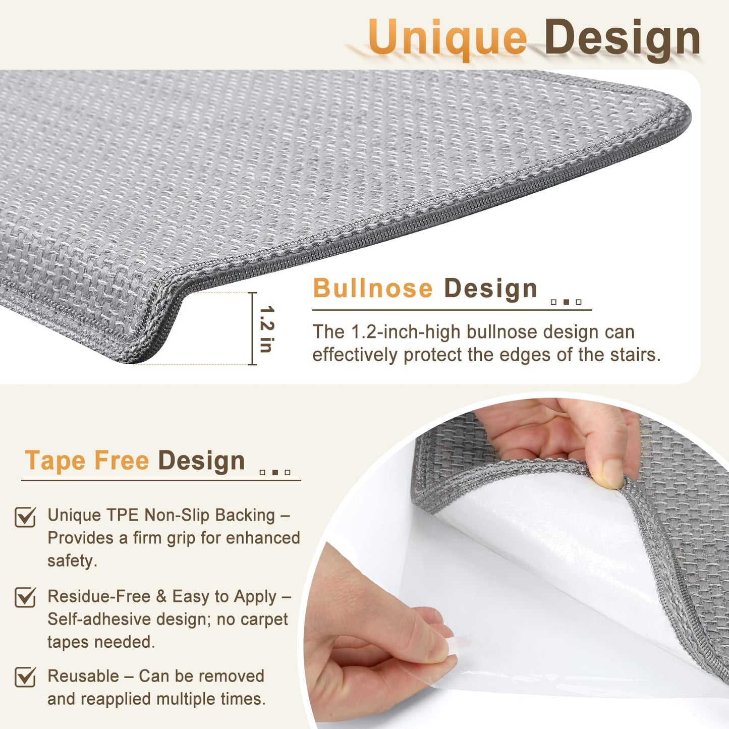 SMILOOL Bullnose Carpet Stair Treads Non Slip for Wooden Steps Indoor, 9.5" x 35" 2 Pieces, Extra Wide Bull Nose Carpet Runners for Wood Stairs, Step Covers, Stair Tread Rugs, Washable, Light Grey