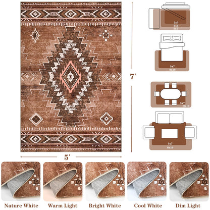 Yinhua Western Living Room Rug 5x7, Moroccan Low-Pile Washable Rug for Bedroom, Aztec Brown Rugs Non Slip with Rubber Backing, Soft Non-Shedding Carpet for Nursery Classroom Office