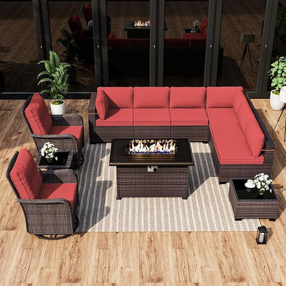 ALAULM 11 Pieces Patio Furniture Set with 2 Swivel Chairs Patio Furniture Outdoor Sectional Sofas with 55000 Gas Fire Pit Patio Conversation Set w/8 Cushions-Red