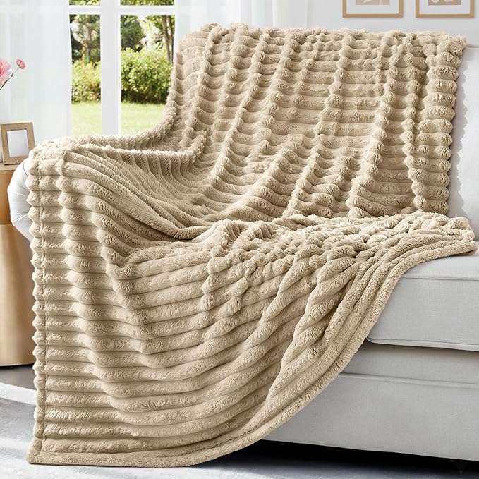 decorUhome Soft Fleece Light Brown Blanket King Size for Bed, Cozy Fluffy Plush Flannel Large Striped Throws for Couch Sofa, Lightweight Decorative Fuzzy Blanket for Woman, 108x90 Inches