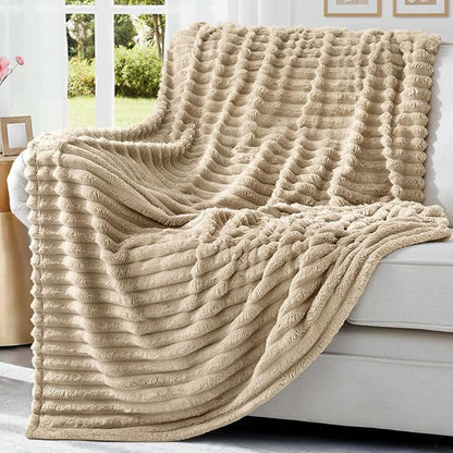 decorUhome Soft Fleece Light Brown Twin Blanket for Bed, Cozy Fluffy Plush Flannel Striped Throws for Couch Sofa, Lightweight Decorative Ribbed Fuzzy Blanket for Woman, 60x80 Inches