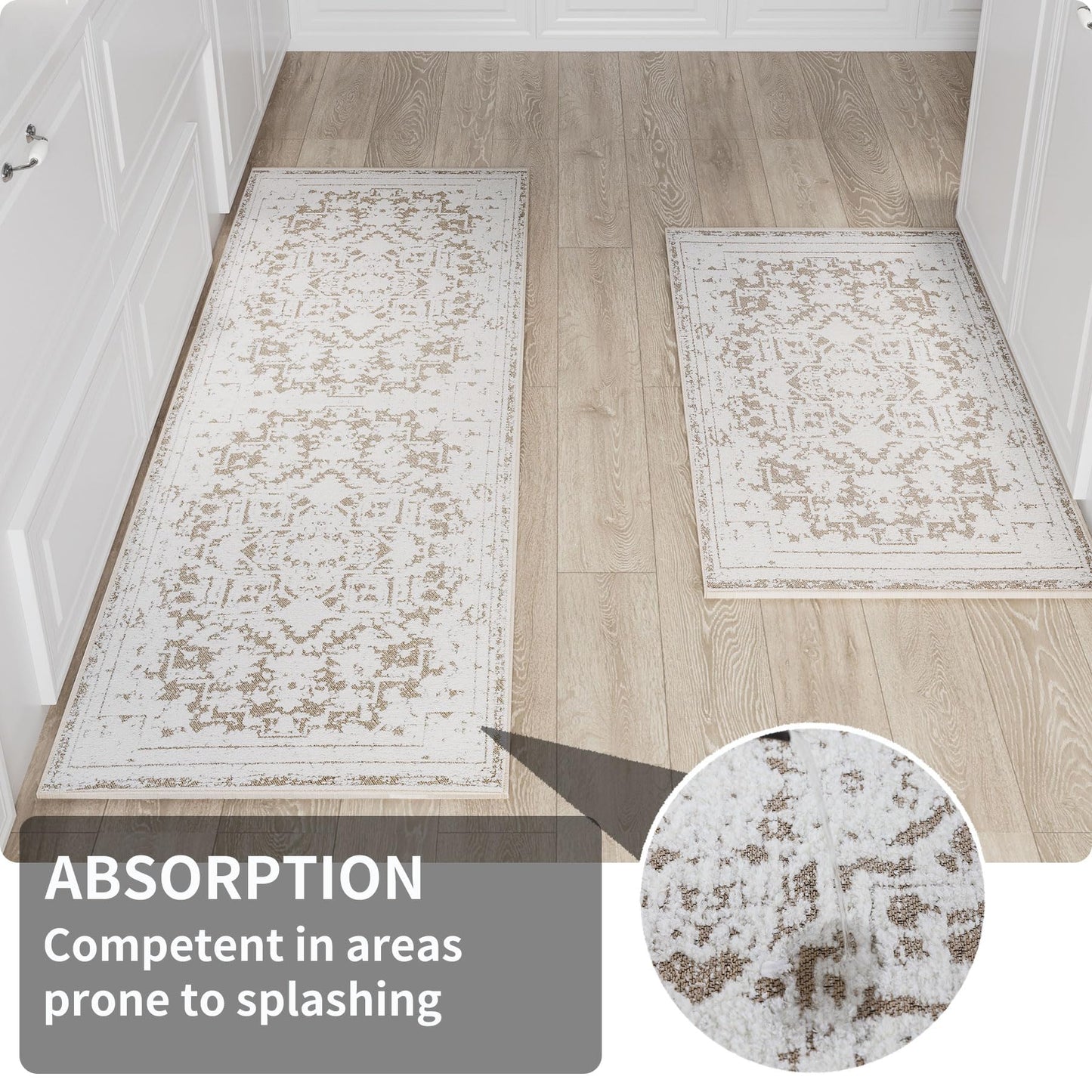 MATKIK Vintage Runner Rug Non Slip for Hallway Bathroom Kitchen 2x6 ft, Ultra Soft Boho Carpet Runner with Low Pile Design Machine Washable Runner Rugs for Entryway Laundry Living Room (Khaki, 2'x6')