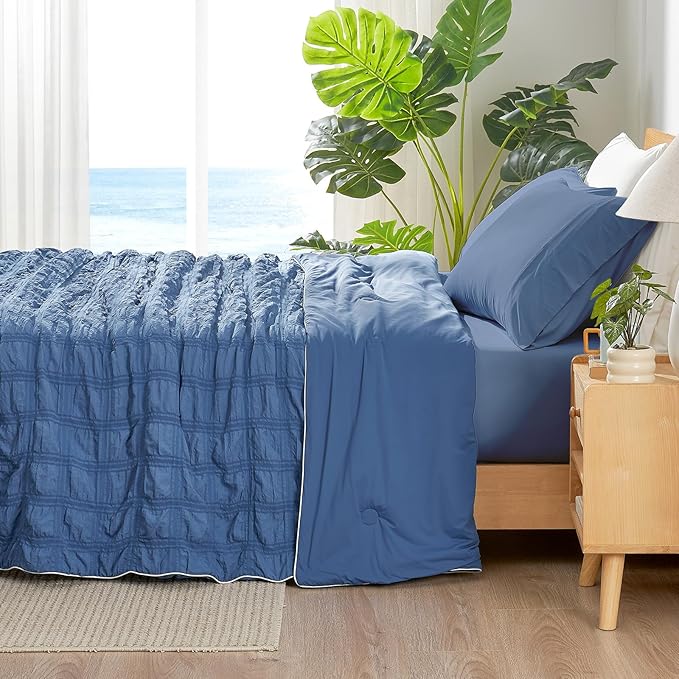 Cozy Bliss Cooling Comforter Seersucker Plaid Full, Q-Max 0.4 Reversible Lightweight Cooling Blanket, Breathable Silk Smooth Summer Bedding Quilt for Hot Sleepers Night Sweats Denim Blue