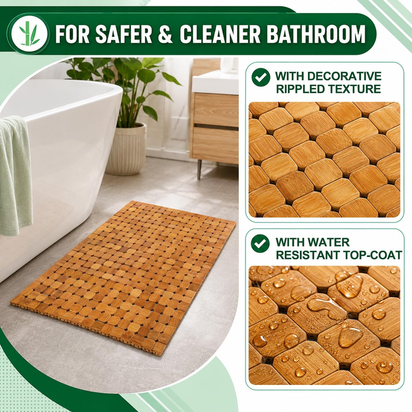 Dicunoy Bamboo Bath Mat, Bathroom Shower Rug, Wooden Toilet Doormats for Shower Doorsteps, Sauna, Tub (23.6" L x 16" W)