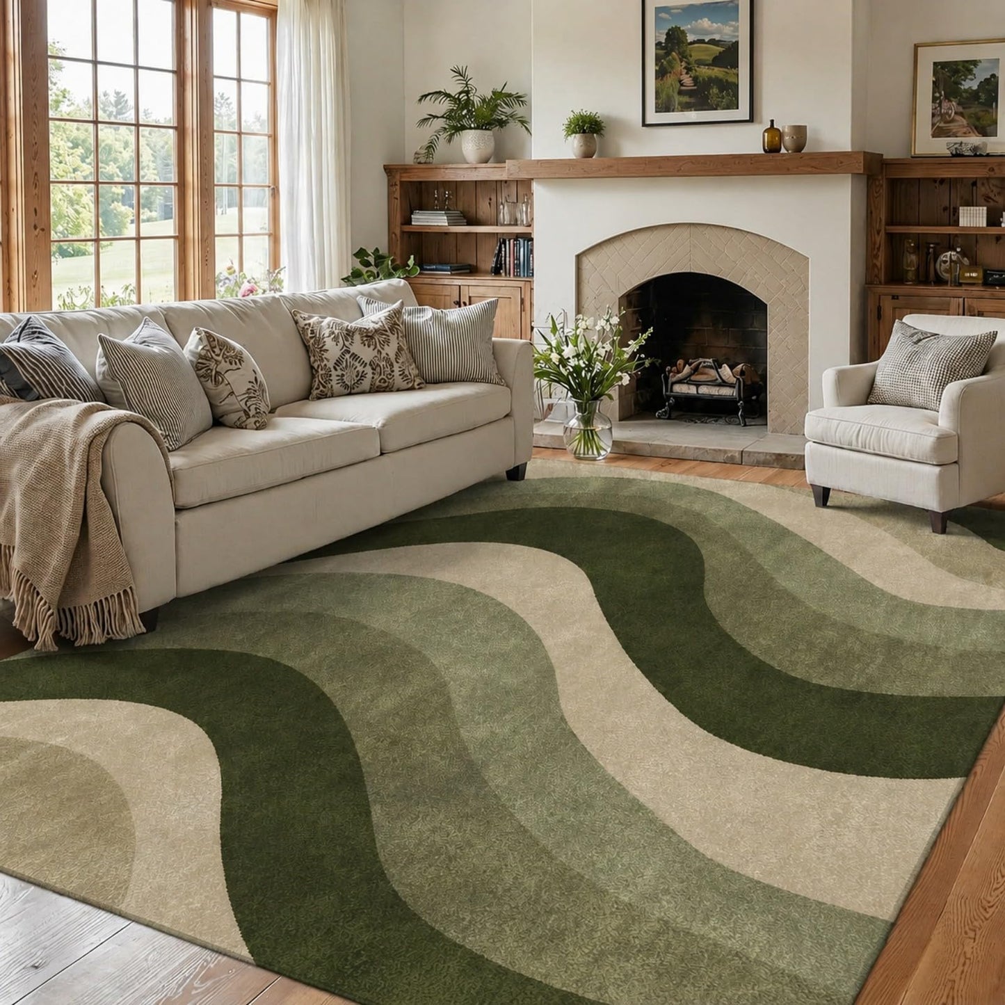BreezeRise 5x7 Modern Wavy Striped Area Rug for Living Room,Olive Green & Beige Gradient Wave Pattern Non-Slip Washable Backing Bedroom