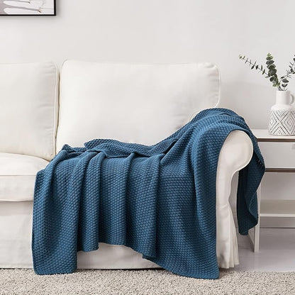 Longhui bedding Blue Knitted Throw Blanket for Couch - Soft, Cozy Machine Washable 100% Cotton Sofa Knit Blankets, Heavy 3.0lb Weight, 50 x 60 Inches, Laundry Bag Included