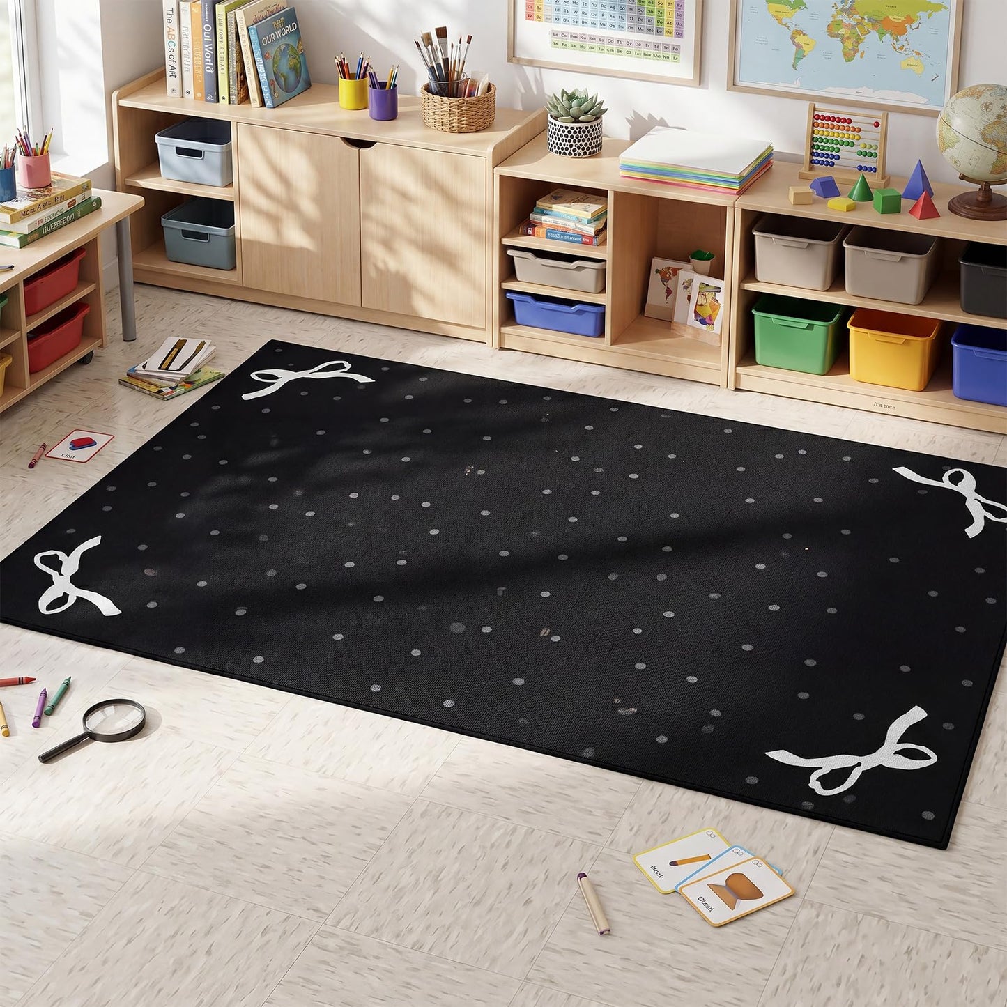 Nuanchu Calming Corner Classroom Rug Black Bow Kids Playroom Rug Educational Soft Carpets 5 X7 ft Large Washable Classroom Mat with Rubber Backing for Bedroom Nursery Homeschool Elementary