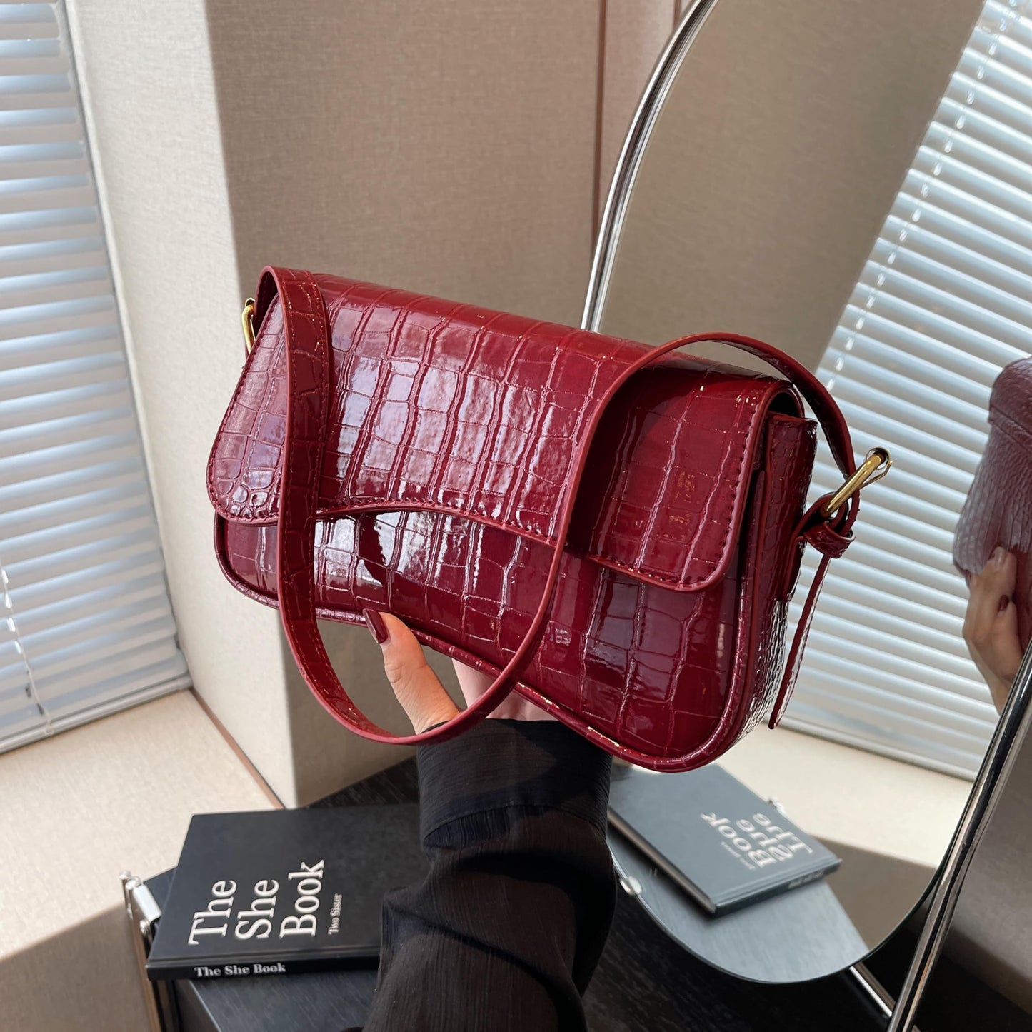 feujury Shoulder Bag for women Y2K Crossbody Vegan Leather Purse Straps Retro Clutch Hobo Hadbags with 2 Removable (B-crocodile red)