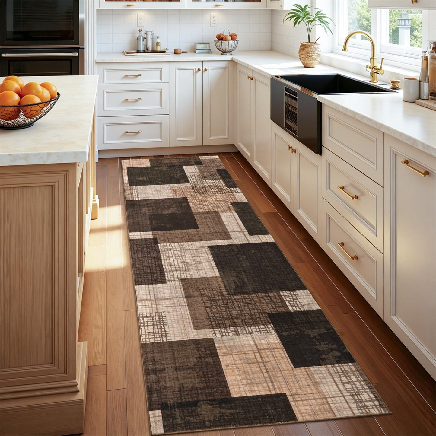 Ailyei Washable 2x6 Runner Rug for Hallway Kitchen Bedroom, Modern Geometric Patchwork Grid Print Non Slip Carpet, Soft Stain Resistant Long Runner with Rubber Backing, Chocolate