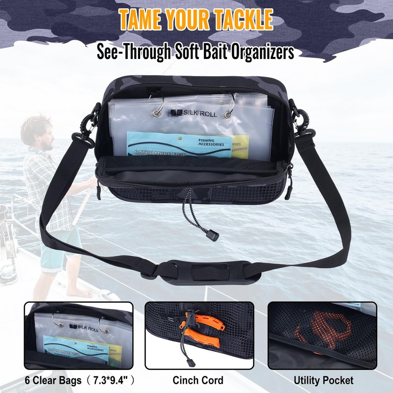 SILK ROLL 50L Fishing Tackle Backpack with Rod Holder and 4 Included 3600 Tackle Boxes - Waterproof Fishing Backpack for Ultimate Gear Organization and Storage (Black Camo)