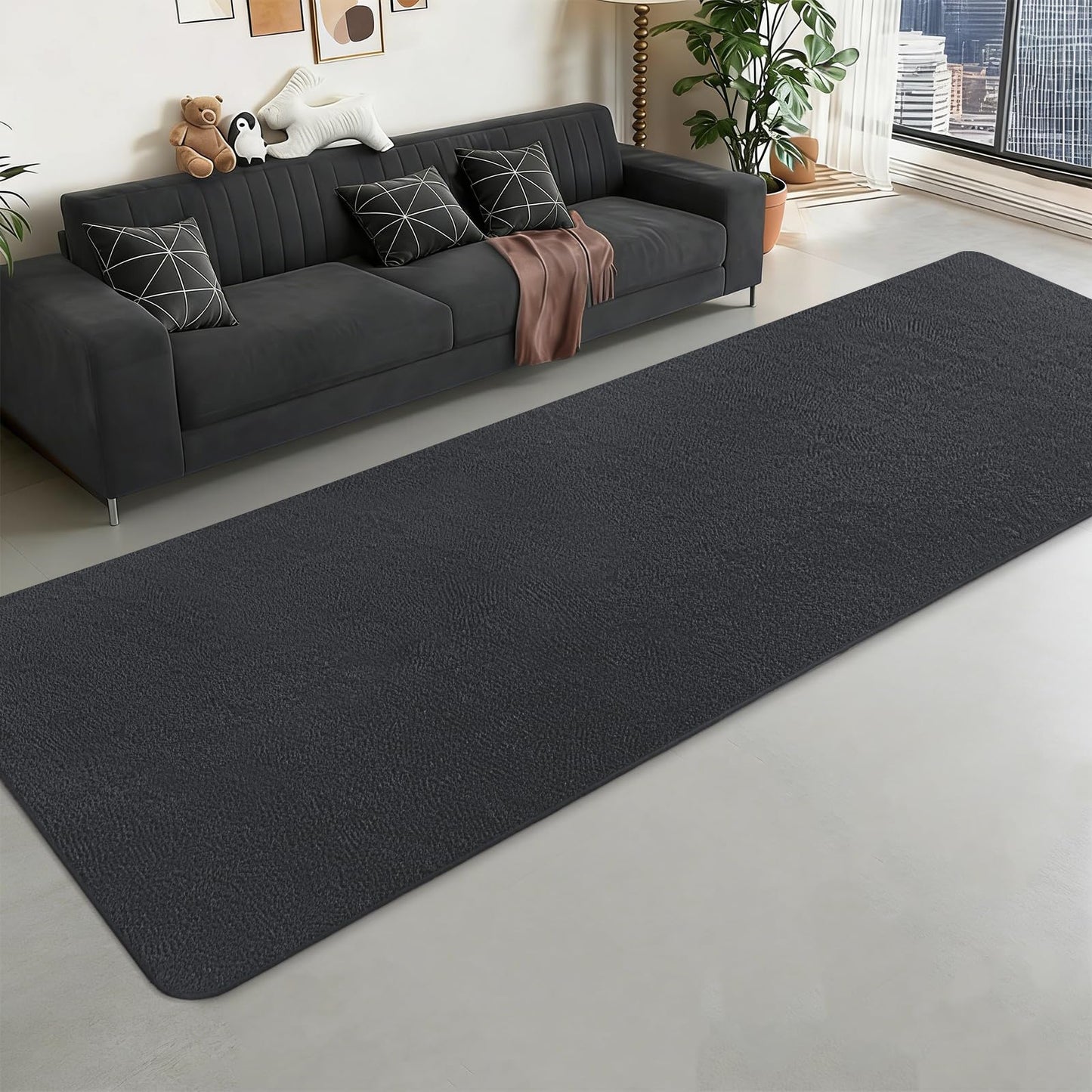 QDUIDU Runner Rugs for Bedroom Living Room, 2x6 Feet Ultra Soft Dark Grey Runner Rug Thickened with Memory-Foam, Solid Modern Minimalist Carpets for Home Decor, Non-Slip and Comfy Bedside Hallway Rug