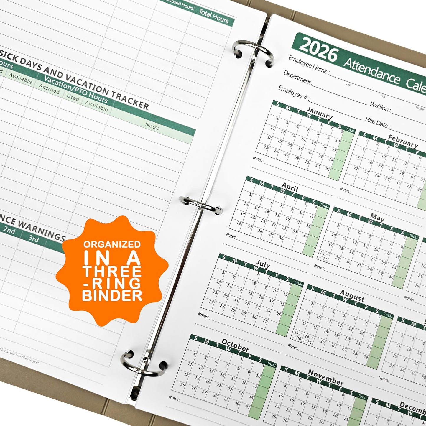 VistaRise 2026 Attendance Calendar, Employee Work Tracker Attendance Calendar cards - 3-Hole Punched for Binder, Cardstock, 8.5 x 11 in (Letter Size), Pack of 25 Sheets, Green