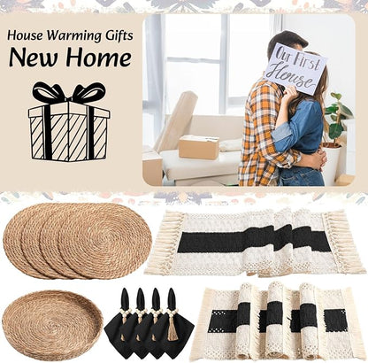 4 Sets Boho Decoration Placemats Round Woven Placemats, Cloth Napkins, Wood Bead Napkin Rings, Long Table Runner and Farmhouse Burlap Cotton for Table Kitchen (Black,12x72)