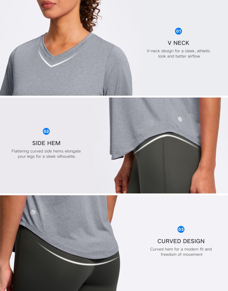 Womens Workout Shirts V-Neck Short Sleeve UPF 50+ Sun Shirt Moisture Wicking Dry Fit Top for Gym, Running, Athletic (Heather Grey, L)