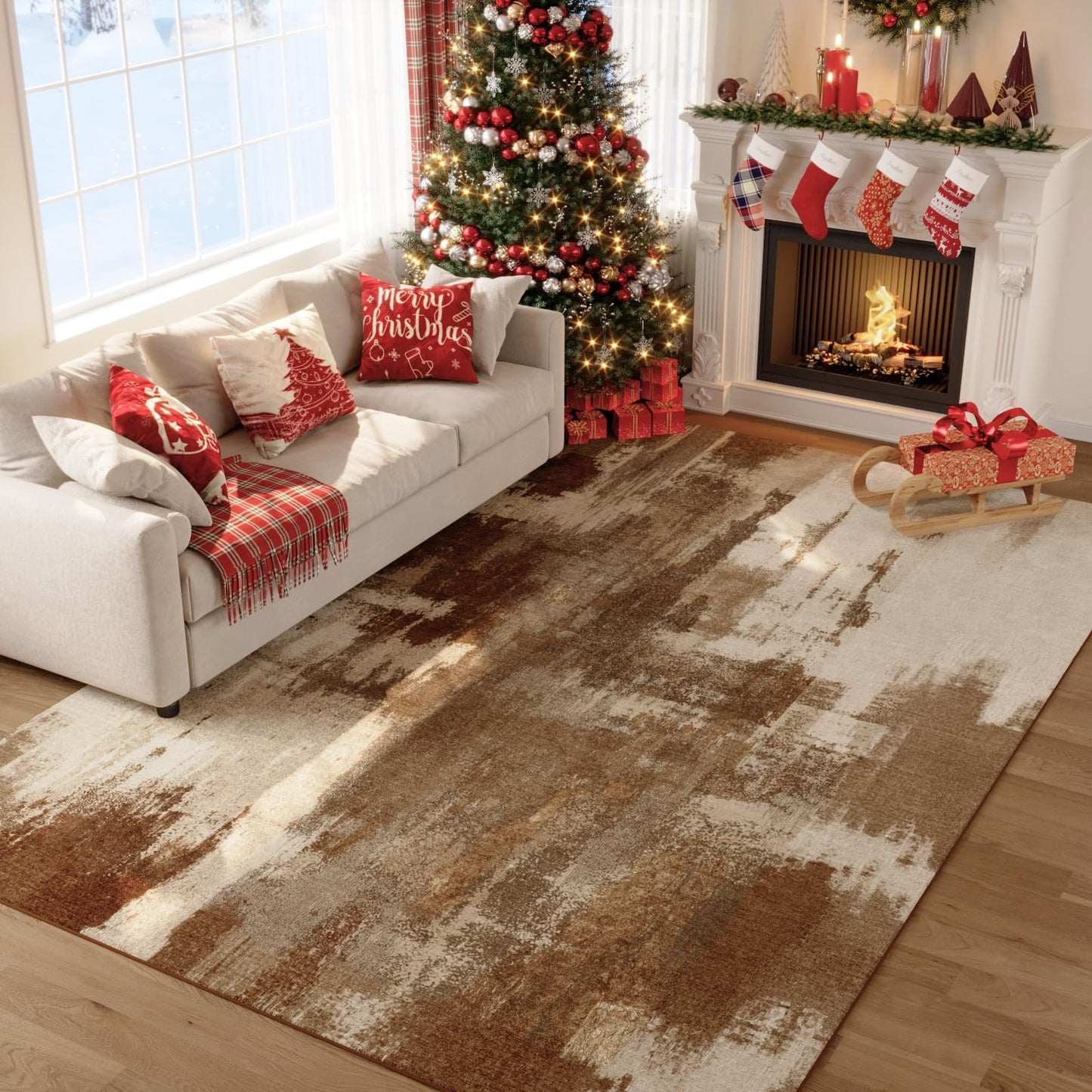 Kelarea Living Room Rug, 5x7 Rug Modern Abstract Washable Rugs Brown Foldable Faux Wool Vintage Carpets, Non Slip Rug for Bedroom, Dining Room, College Dorm, Kids Playroom, Home Office