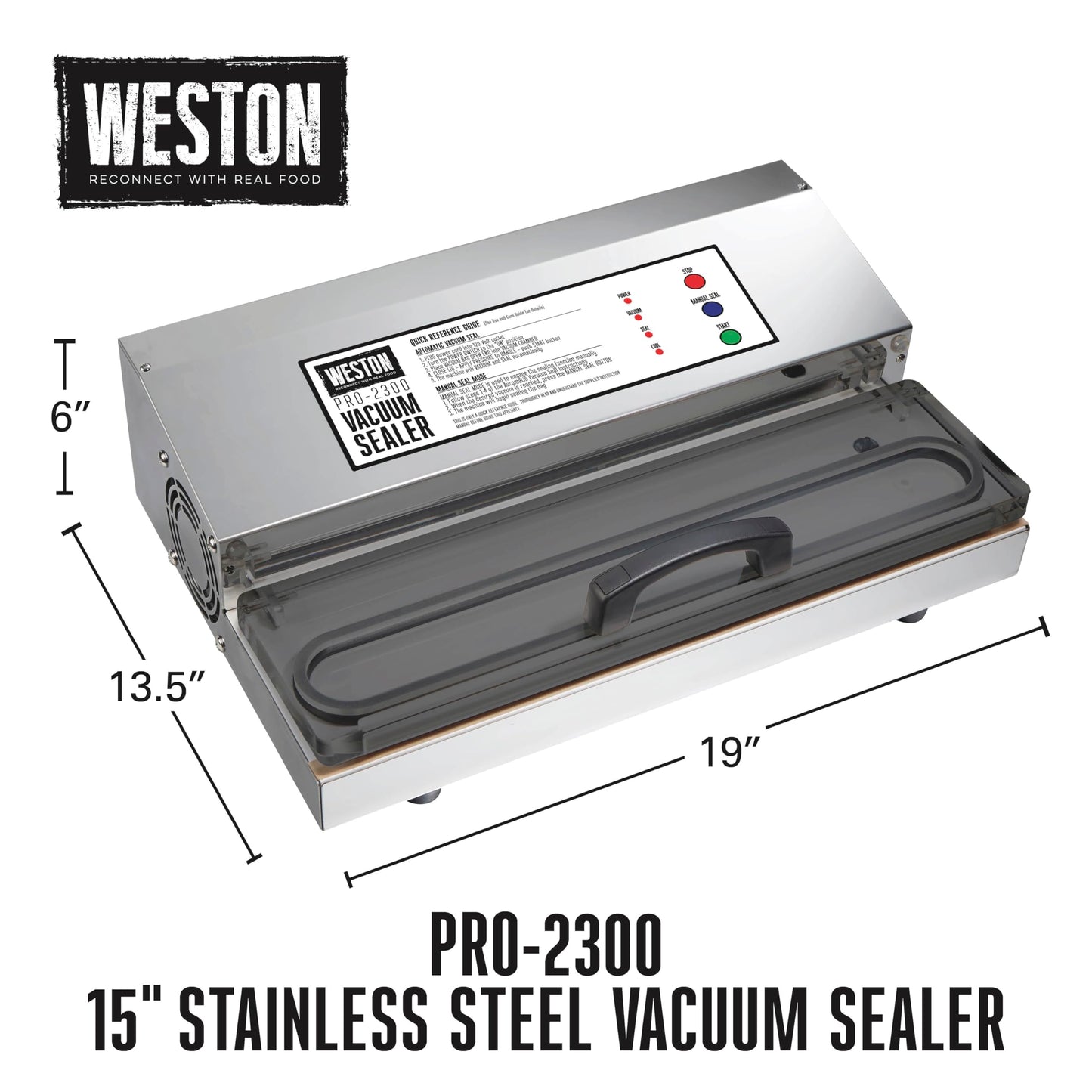 Weston Brands Vacuum Sealer Machine for Food Preservation & Sous Vide, Extra-Wide 5mm Bar for Sealing Bags up to 15" Wide, 1020 Watts, Commercial Grade Pro 2300, Stainless Steel (65-0220-W)