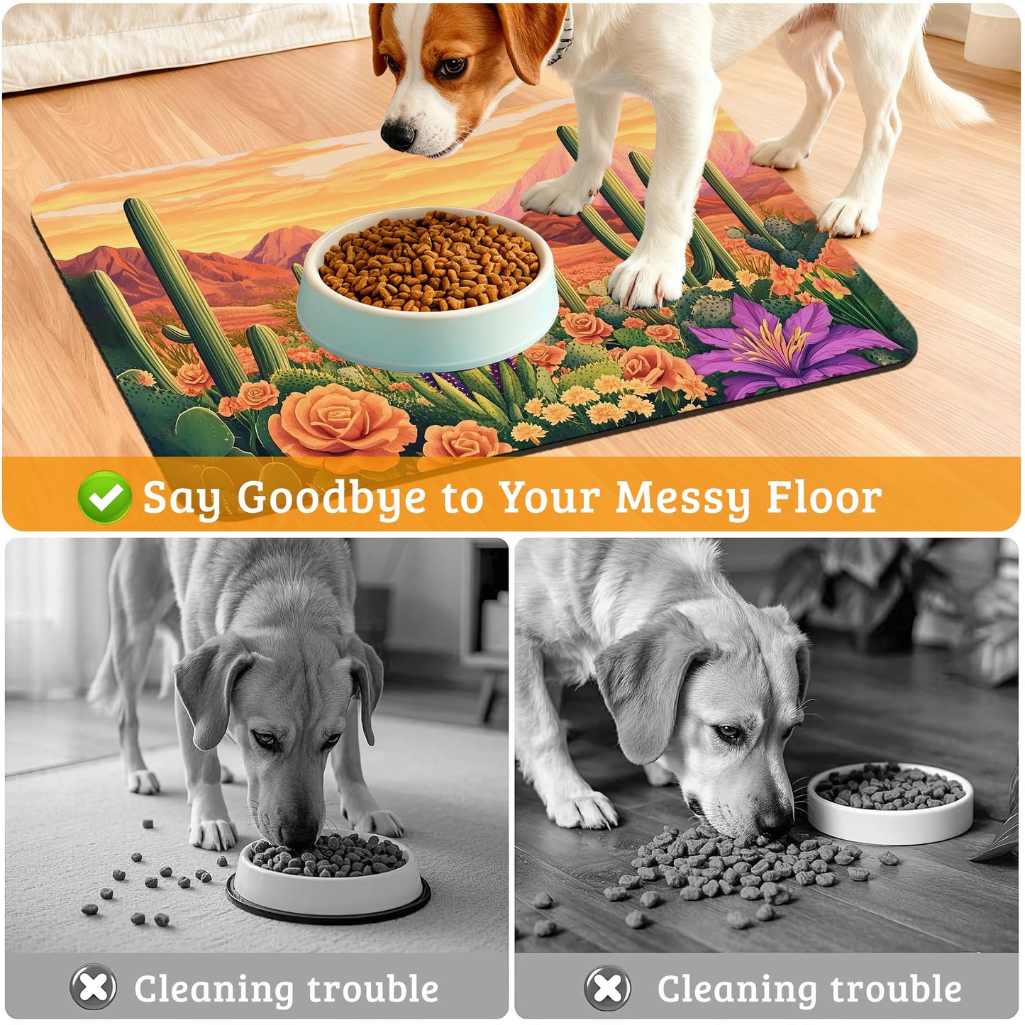 Pet Feeding Mat,Cactus Absorbent Dog Cat Food Mat Desert Dog Mat with Rubber Backing,Non-Slip Water Bowl Placemat,Pet Supplies 12" x 20"