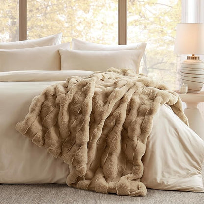 Madison Park Luxuriously Cozy Soft Long Faux Fur Basketweave Blanket, Reversible Soft & Snuggly Velvet Throw, Lightweight, Breathable, All Season, Trendy Room Décor, 50x60, Tan