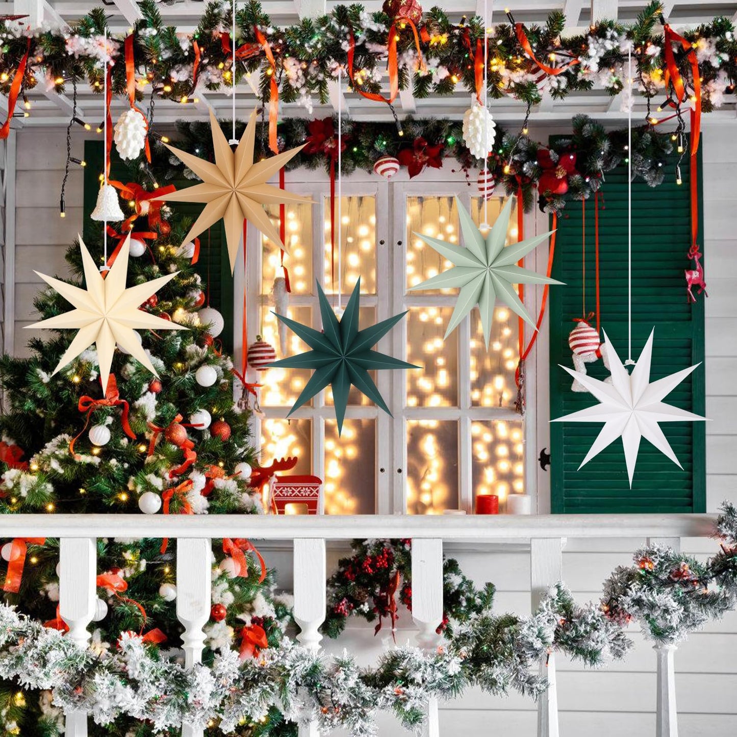 BestoFun 5 PCS 12 Inch Sage Green Paper Star Lanterns - Hanging Stars Christmas Party Decorations