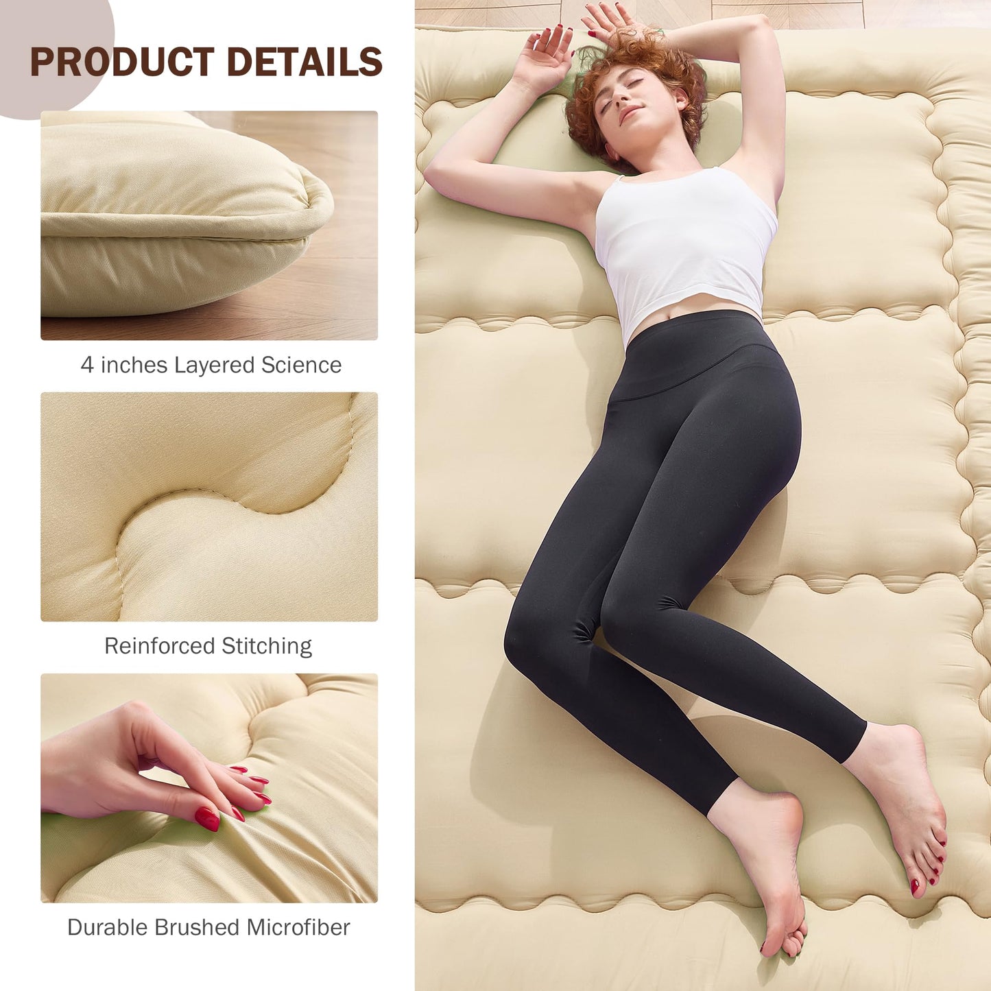 VIPBED Japanese Floor Futon Mattress Queen Size, 4" Thicken Foldable Mattress Tatami Mat Sleeping Pad, 25D Foam Filled Traditional Shiki Futon (shikibuton), Designed in Japan (Pastel Yellow 60"x 80")