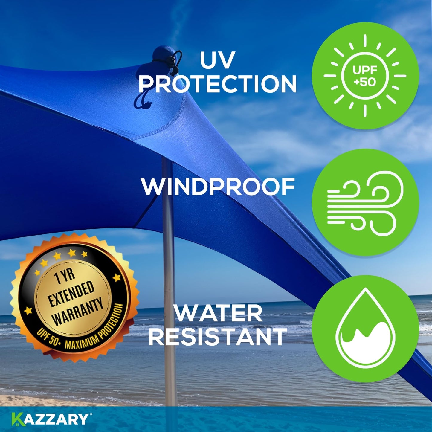 KAZZARY Beach Tent, UPF50+ 10x10 ft Sun Shade Canopy with Sandbags, 4 Stability Poles, Ground Pegs, Flying Disc Sand Shovel. Lightweight Sunshade Shelter, 7ft Tall for Camping Outdoor Trips and Sports