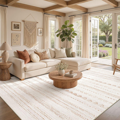 Nakagishi Area Rug Living Room Rugs: 5x7 Large Soft Machine Washable Boho Moroccan FarmNeutral Stain Resistant Indoor Floor Carpet for Bedroom Under Dining Table Home Office Decor-Cream Brown