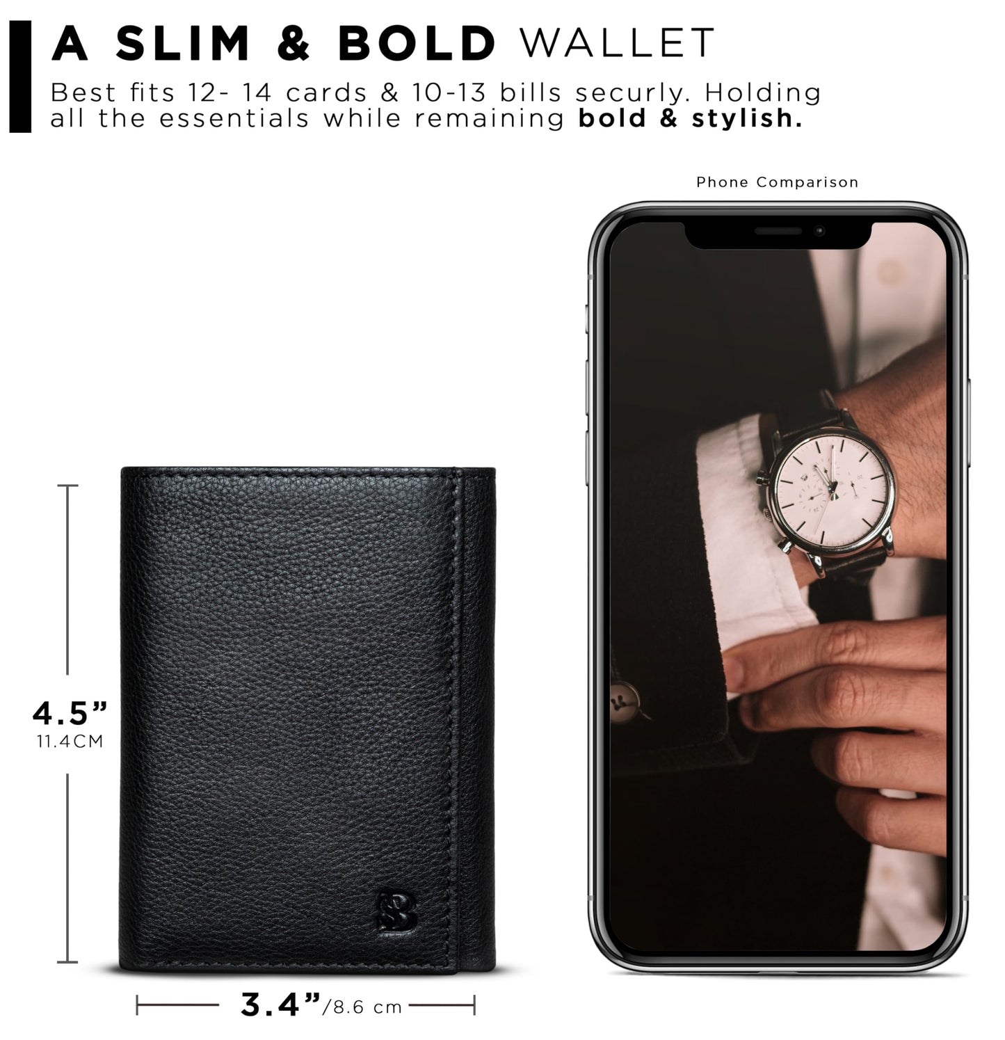 SERMAN BRANDS Trifold Wallet for Men - RFID Blocking Genuine Leather, 11 Card Slots & ID Window, Slim Everyday Carry, Durable Stitching, Gift for Him
