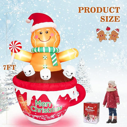 FRAMICS 7 FT Christmas Inflatable Gingerbread Outdoor Decorations, Gingerbread Man in Hot Cocoa Mug Inflatable, Cute Blow Up Yard Inflatable for Party Garden Lawn Yard Gifts Outdoor Indoor