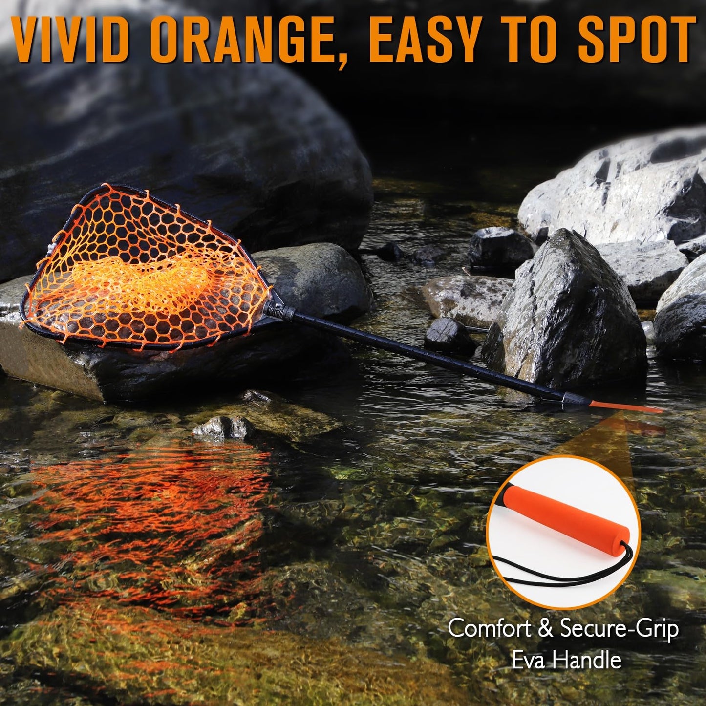 Dovesun Rubber Fishing Landing Nets Telescopic Handle Nets Folding Nets with Collapsible Handle for Catch & Release Fishing Gift 17.6" dia-13.7" Depth Orange